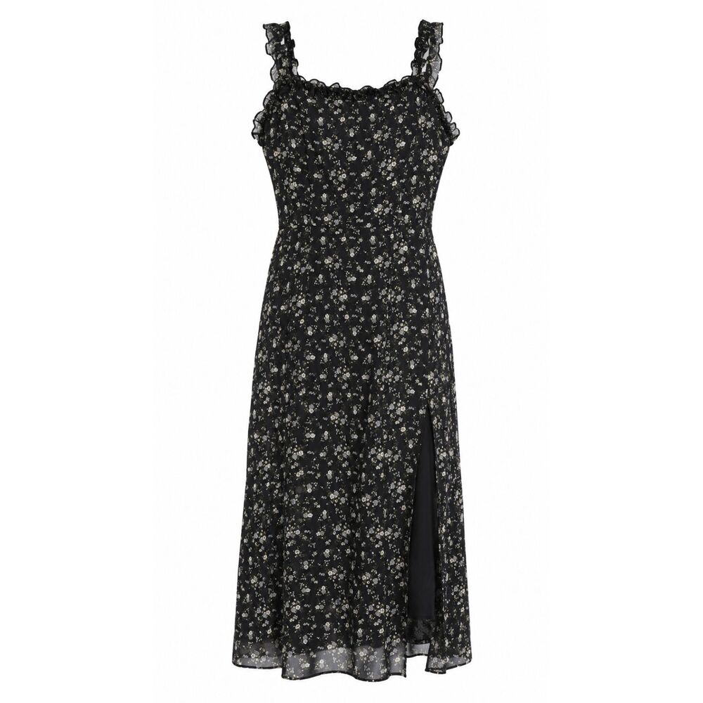 Etophe Studios Black Floral Midi Dress S Ruffle Strap Semi Sheer Seersucker Rear